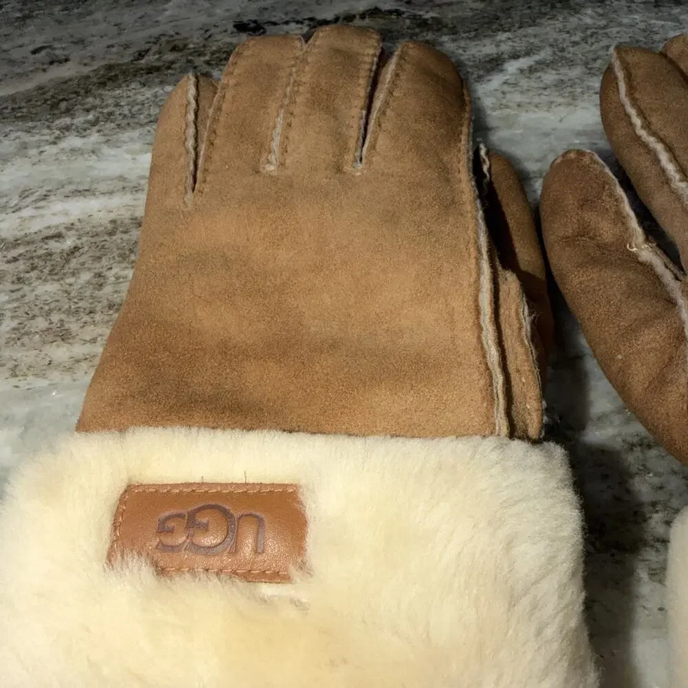 UGG TURN CUFF WOMEN GLOVES CHESTNUT SUEDE SIZE Large (AN4)